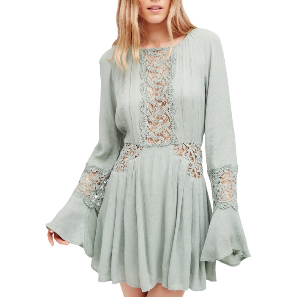 New Free People Sunkissed 4 / Sm Green Crochet Boho Mini Dress